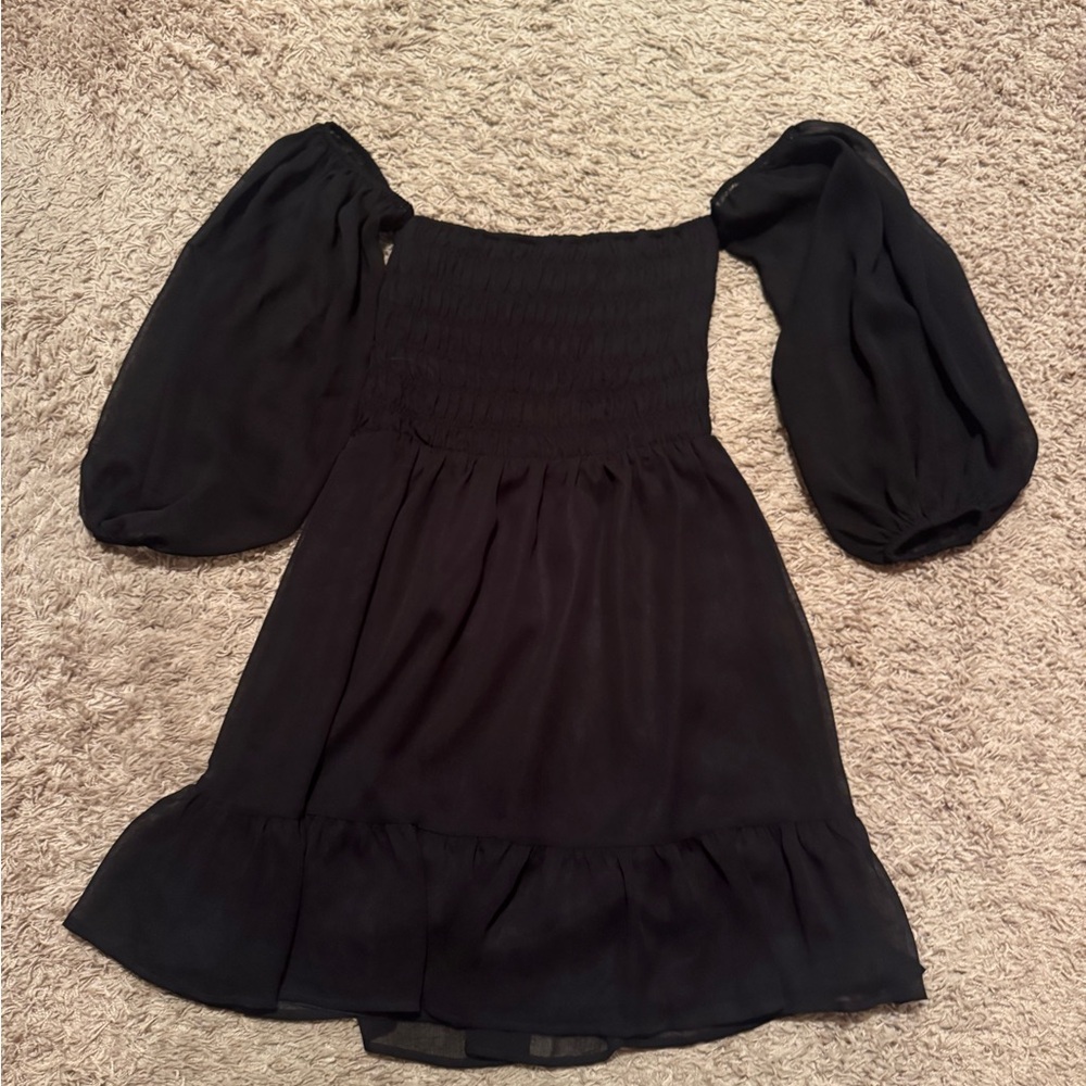 Express Sz Small Black Off or On Chifon Shoulder Mini Dress w/ rouching, ruffles - Picture 8 of 10